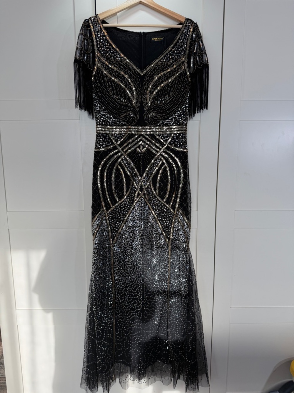 Black Beaded Fringe Maxi Dress with Metallic Accents B5